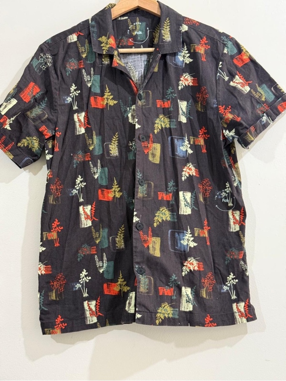 Folk Black Short-Sleeve Button-Down with Multicolor Botanical Print